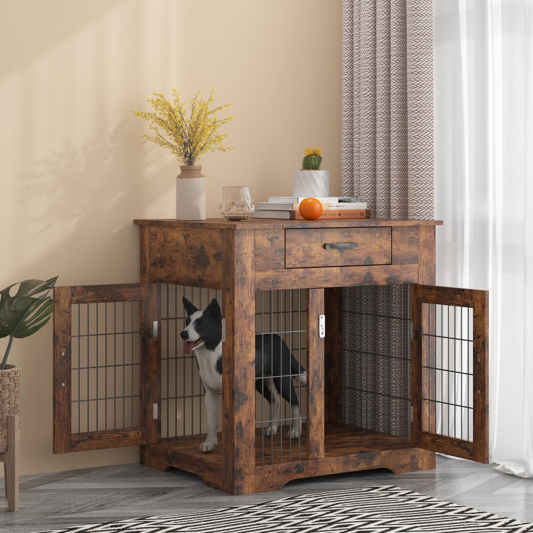 Furniture Style Dog Crate End Table with Drawer, Pet Kennels with Double Doors