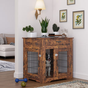 Furniture Style Dog Crate End Table with Drawer, Pet Kennels with Double Doors