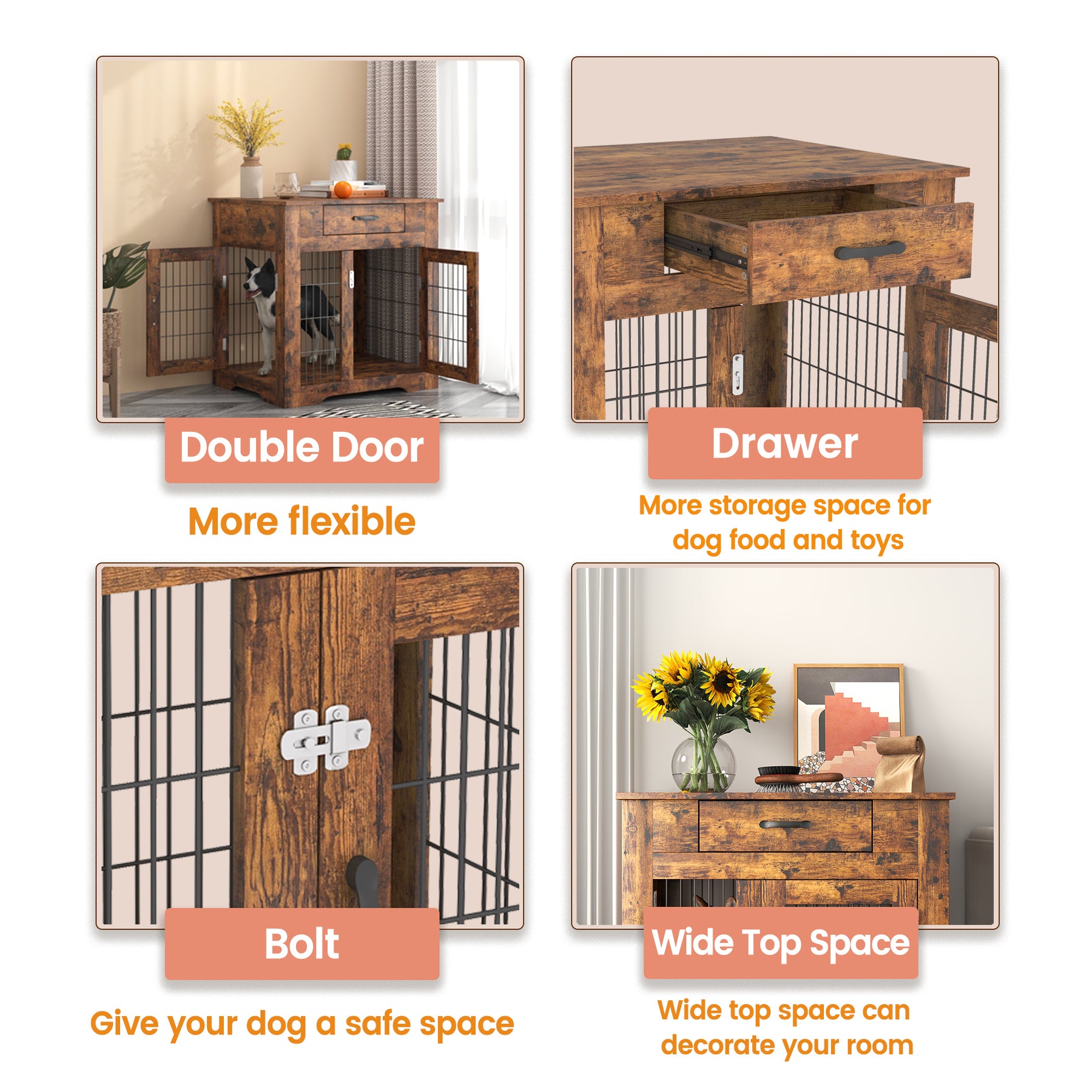 Furniture Style Dog Crate End Table with Drawer, Pet Kennels with Double Doors