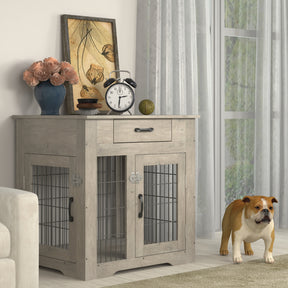 Furniture Style Dog Crate End Table with Drawer, Pet Kennels with Double Doors