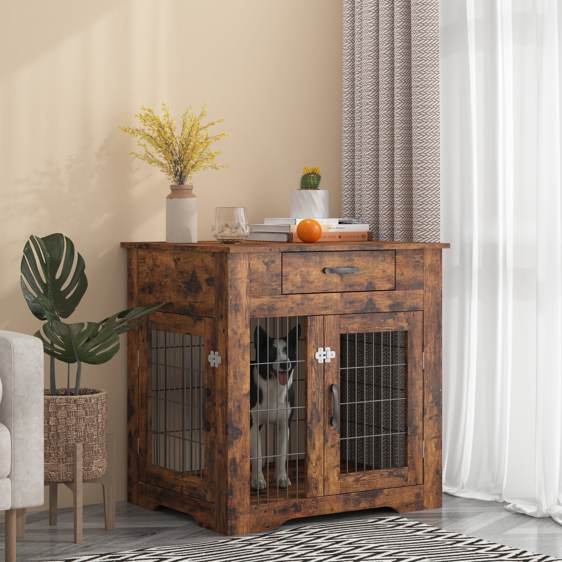 Furniture Style Dog Crate End Table with Drawer, Pet Kennels with Double Doors