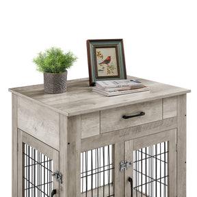 Furniture Style Dog Crate End Table with Drawer, Pet Kennels with Double Doors