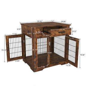 Furniture Style Dog Crate End Table with Drawer, Pet Kennels with Double Doors