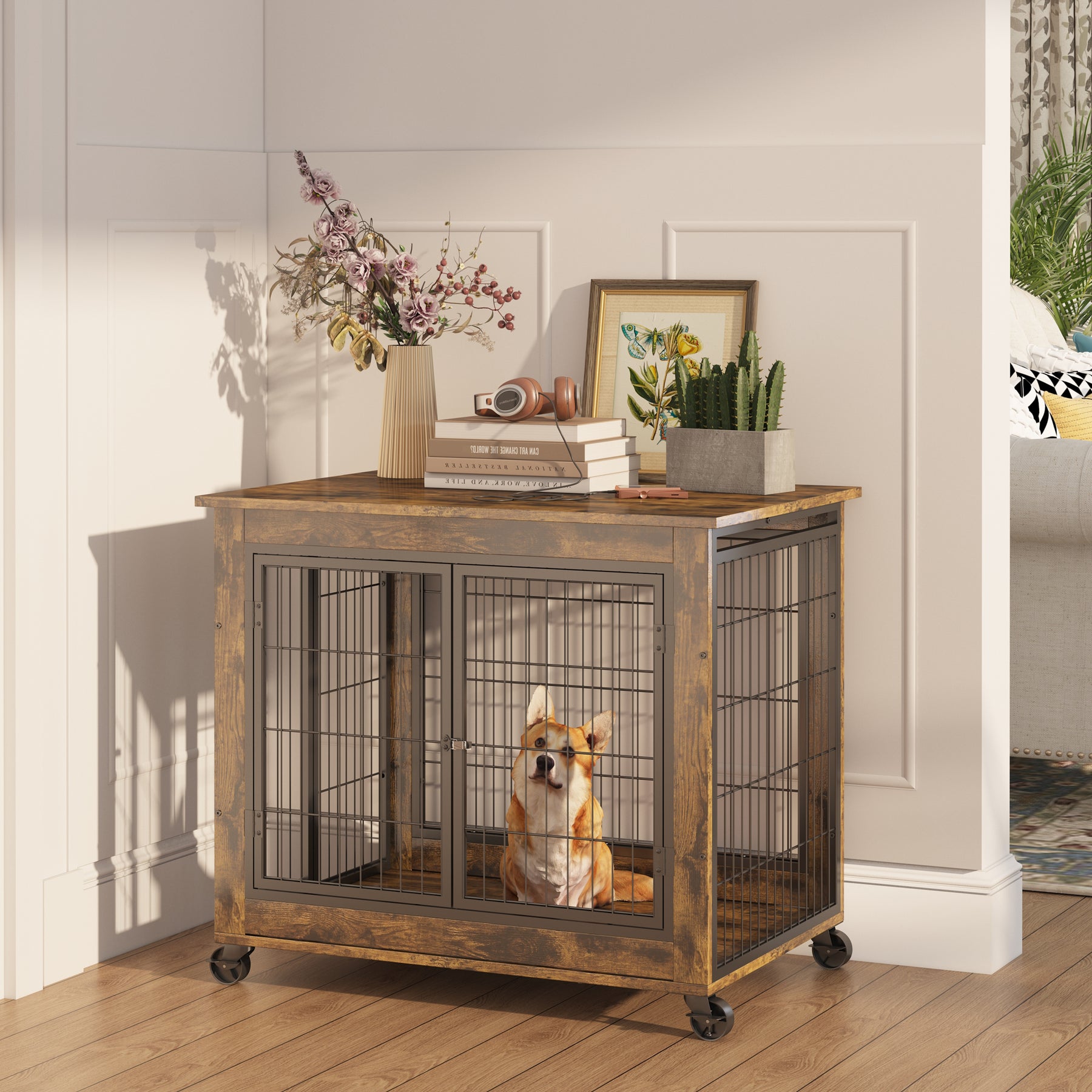 Furniture Dog Cage Crate with Double Doors on Casters