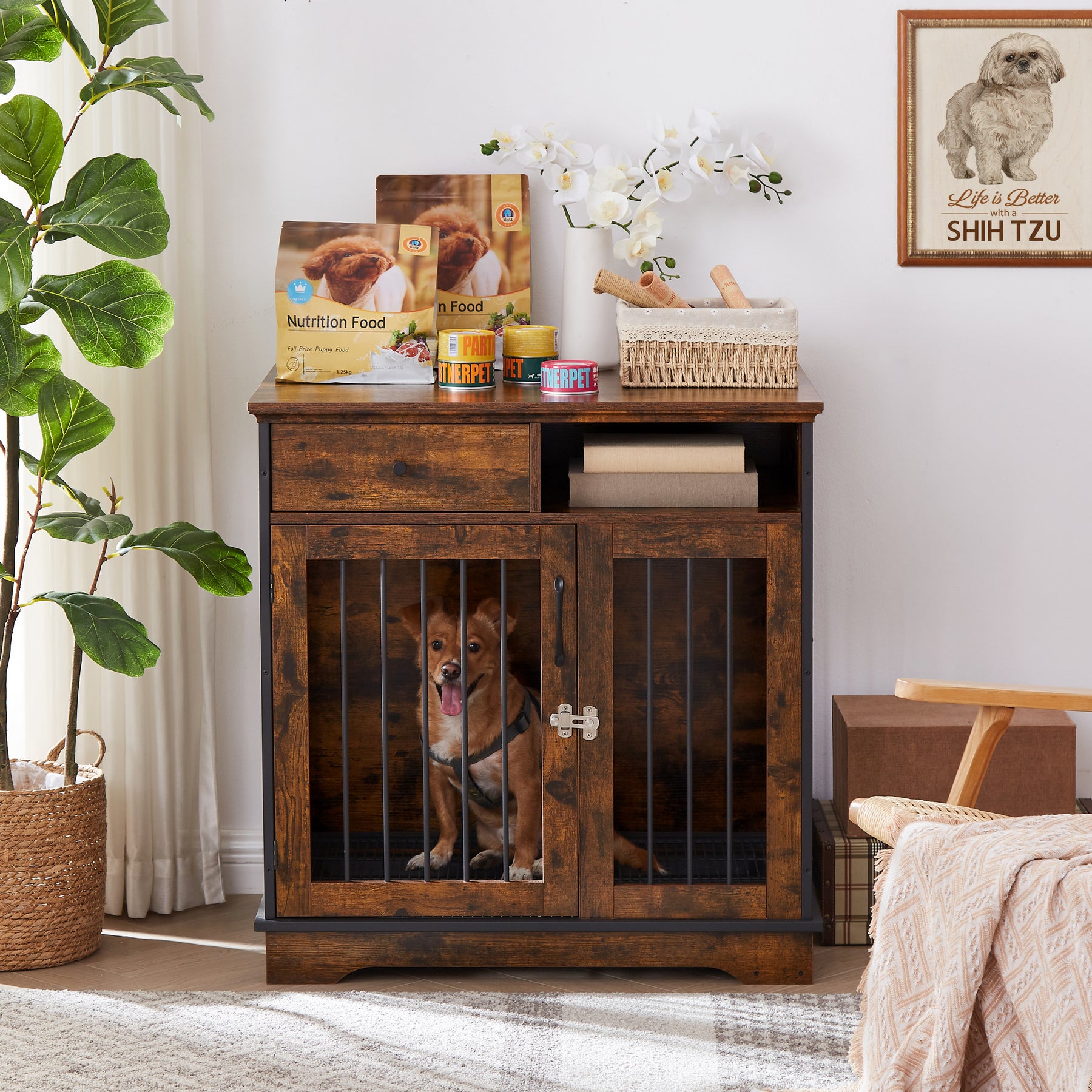 Furniture Dog crate, indoor pet crate end tables, decorative wooden kennels with removable trays