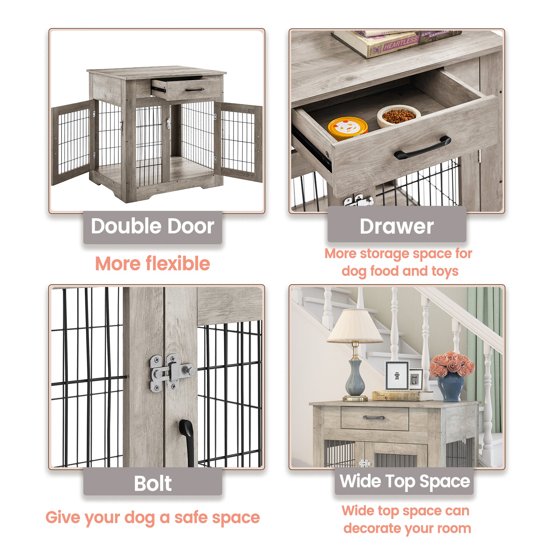 Furniture Style Dog Crate End Table with Drawer, Pet Kennels with Double Doors