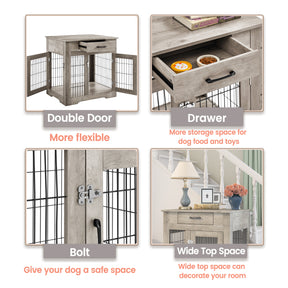 Furniture Style Dog Crate End Table with Drawer, Pet Kennels with Double Doors