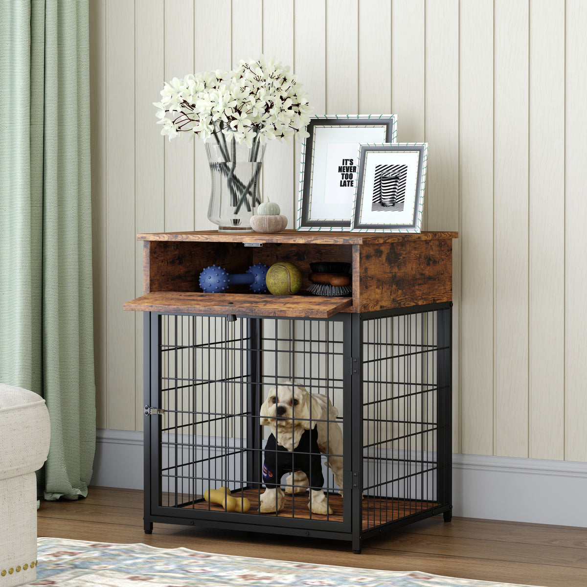 Furniture Style Wood Dog Crate End Table with Storage Console