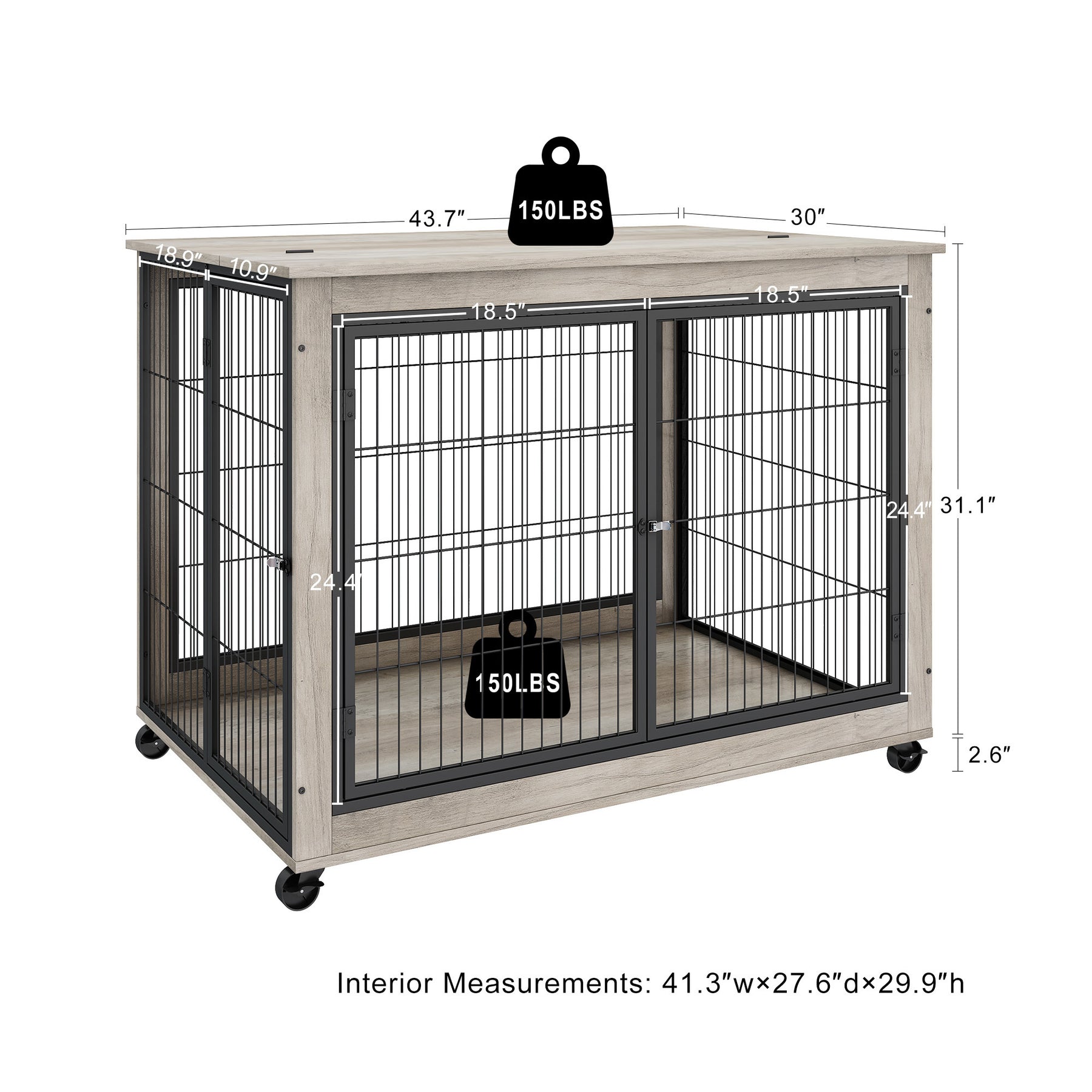 Furniture Style Dog Crate Side Table on Wheels with Double Doors and Lift Top