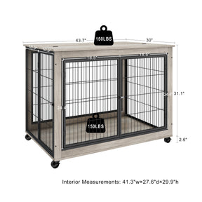 Furniture Style Dog Crate Side Table on Wheels with Double Doors and Lift Top