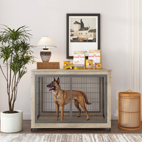 Furniture Style Dog Crate Side Table on Wheels with Double Doors and Lift Top