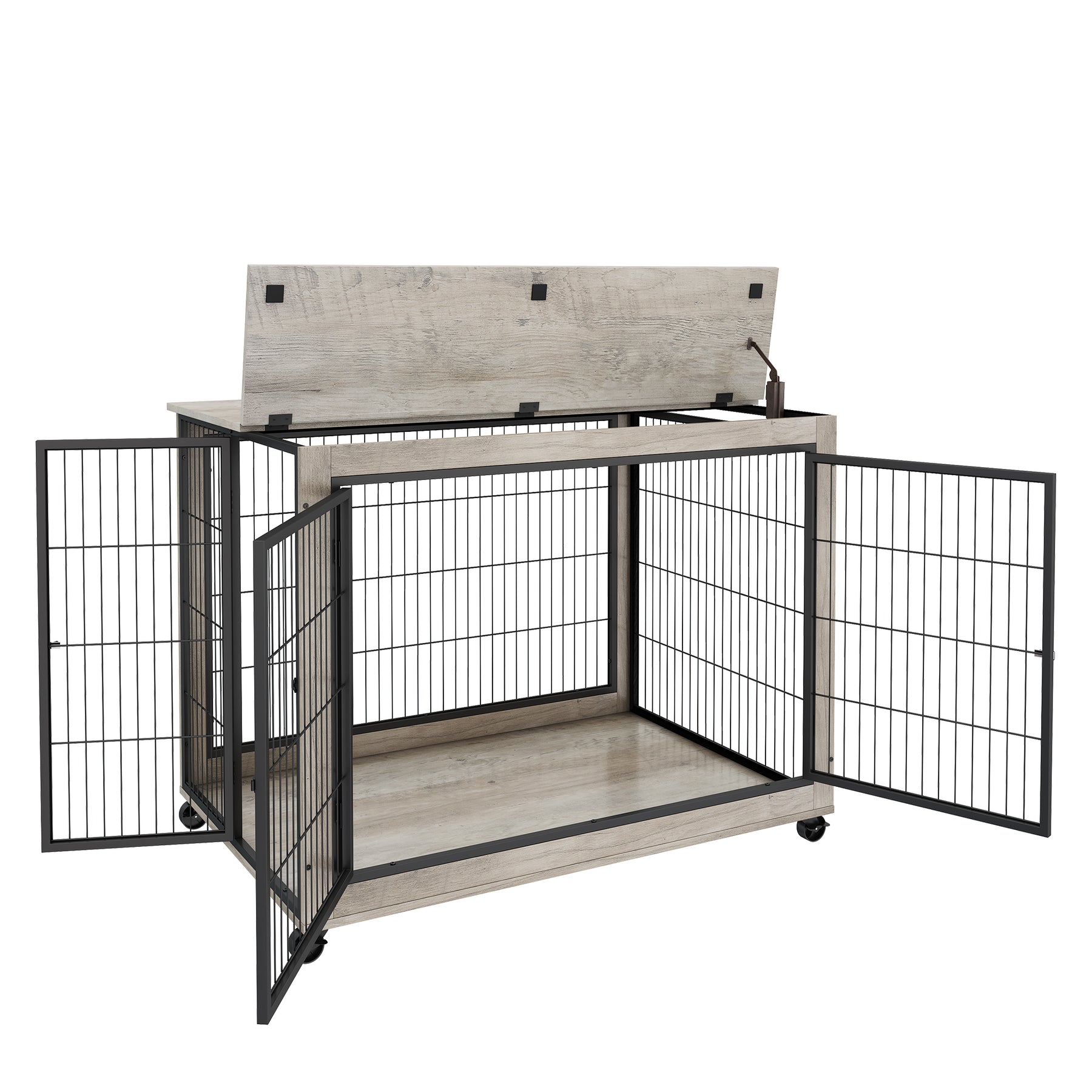 Furniture Style Dog Crate Side Table on Wheels with Double Doors and Lift Top