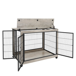 Furniture Style Dog Crate Side Table on Wheels with Double Doors and Lift Top