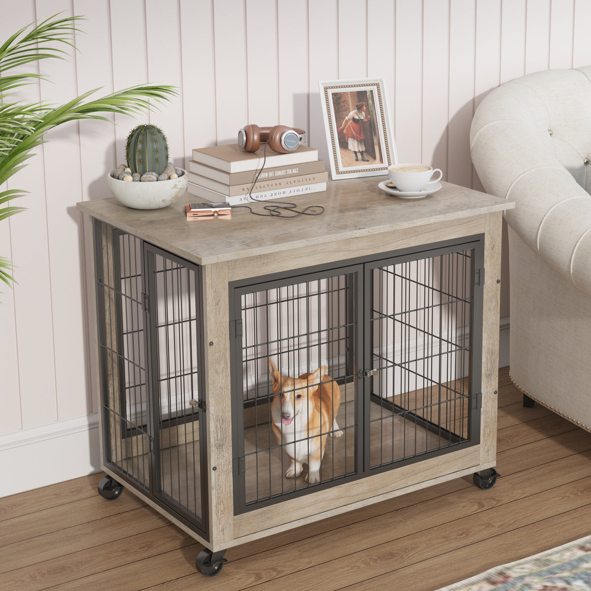 Furniture Style Dog Crate Side Table on Wheels with Double Doors and Lift Top