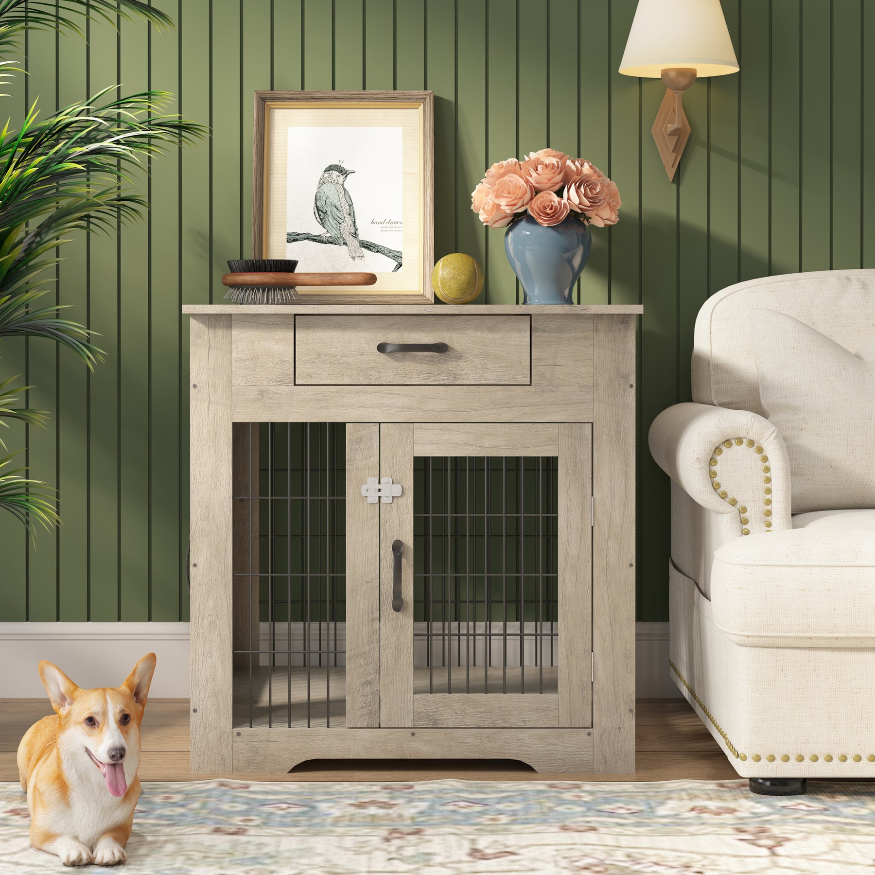 Furniture Style Dog Crate End Table with Drawer, Pet Kennels with Double Doors