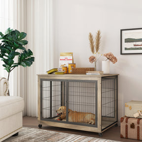 Furniture Style Dog Crate Side Table on Wheels with Double Doors and Lift Top