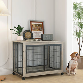 Furniture Style Dog Crate Side Table on Wheels with Double Doors and Lift Top