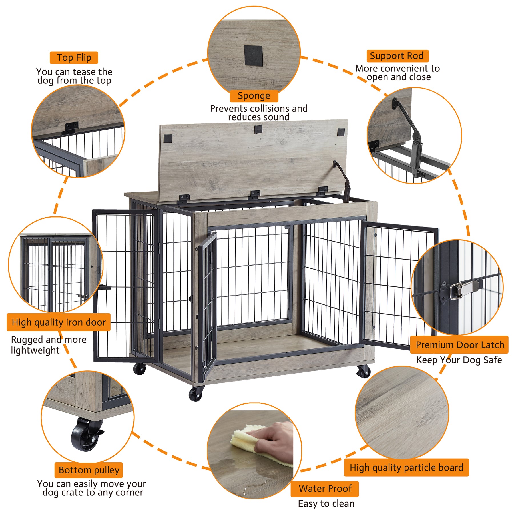 Furniture Style Dog Crate Side Table on Wheels with Double Doors and Lift Top