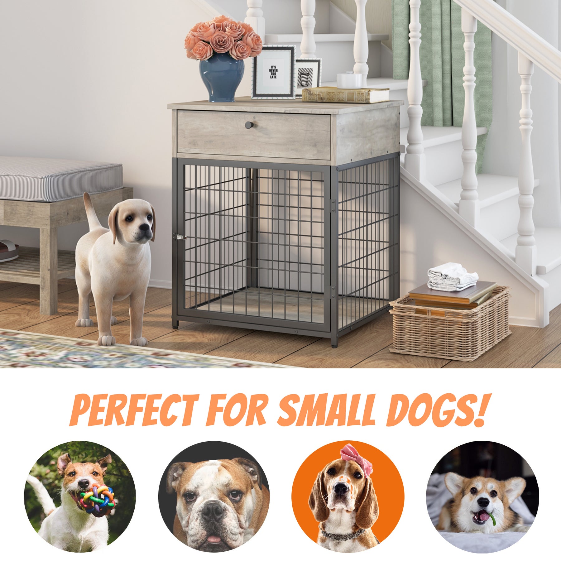 Furniture Style Wood Dog Crate End Table with Storage Console