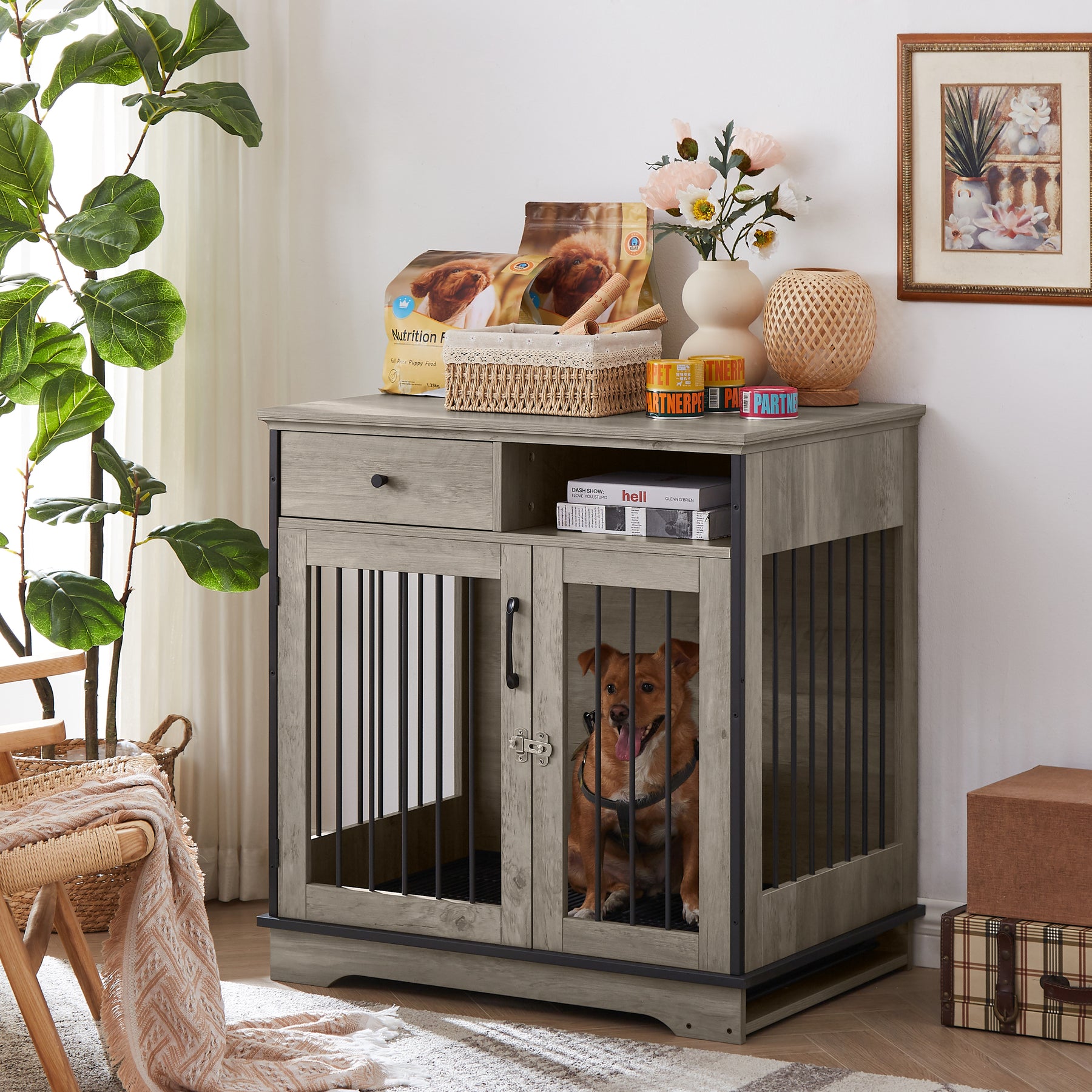 Furniture Dog crate, indoor pet crate end tables, decorative wooden kennels with removable trays