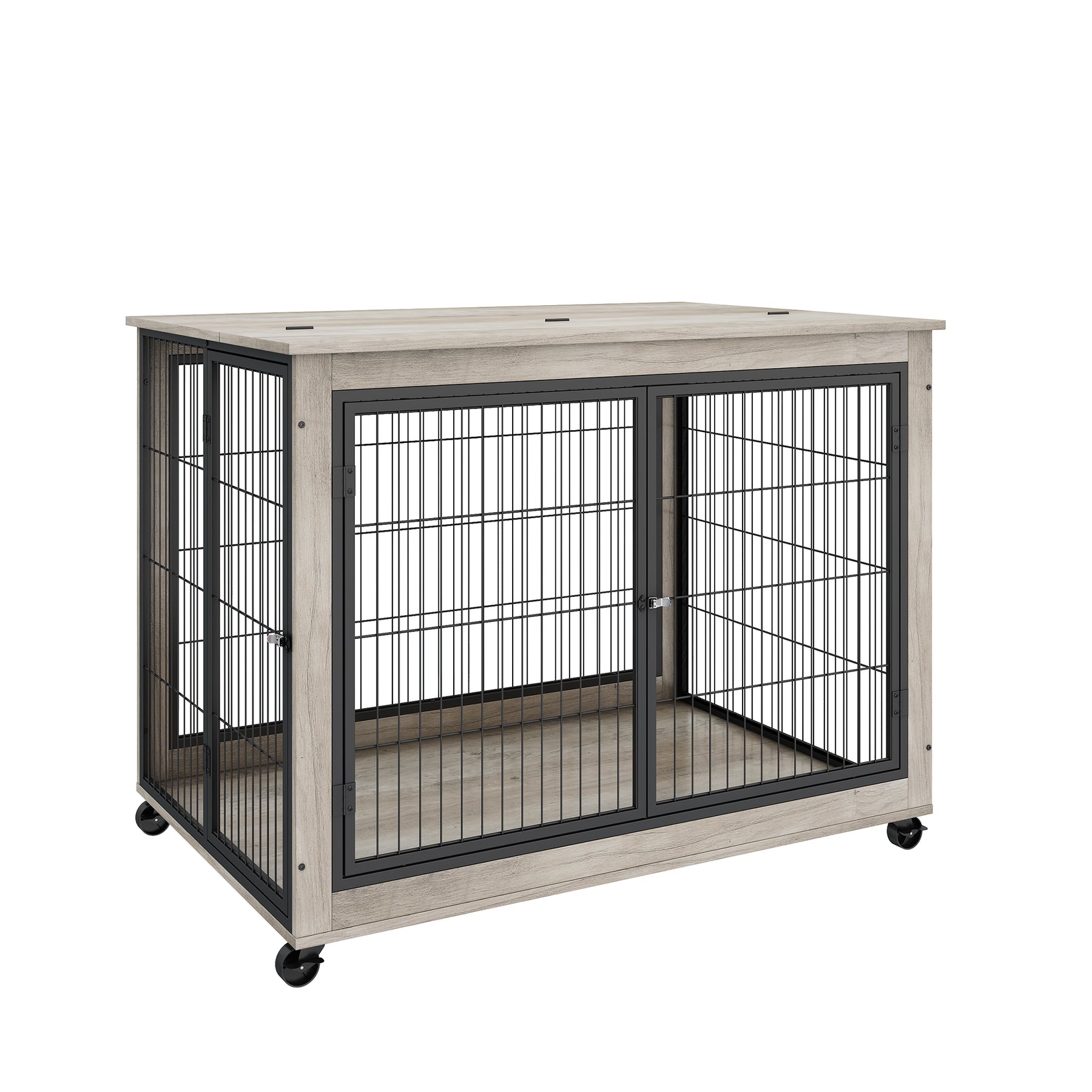 Furniture Style Dog Crate Side Table on Wheels with Double Doors and Lift Top