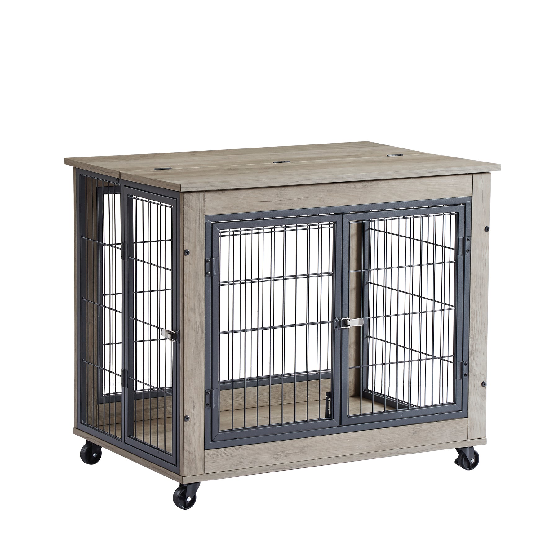 Furniture Style Dog Crate Side Table on Wheels with Double Doors and Lift Top