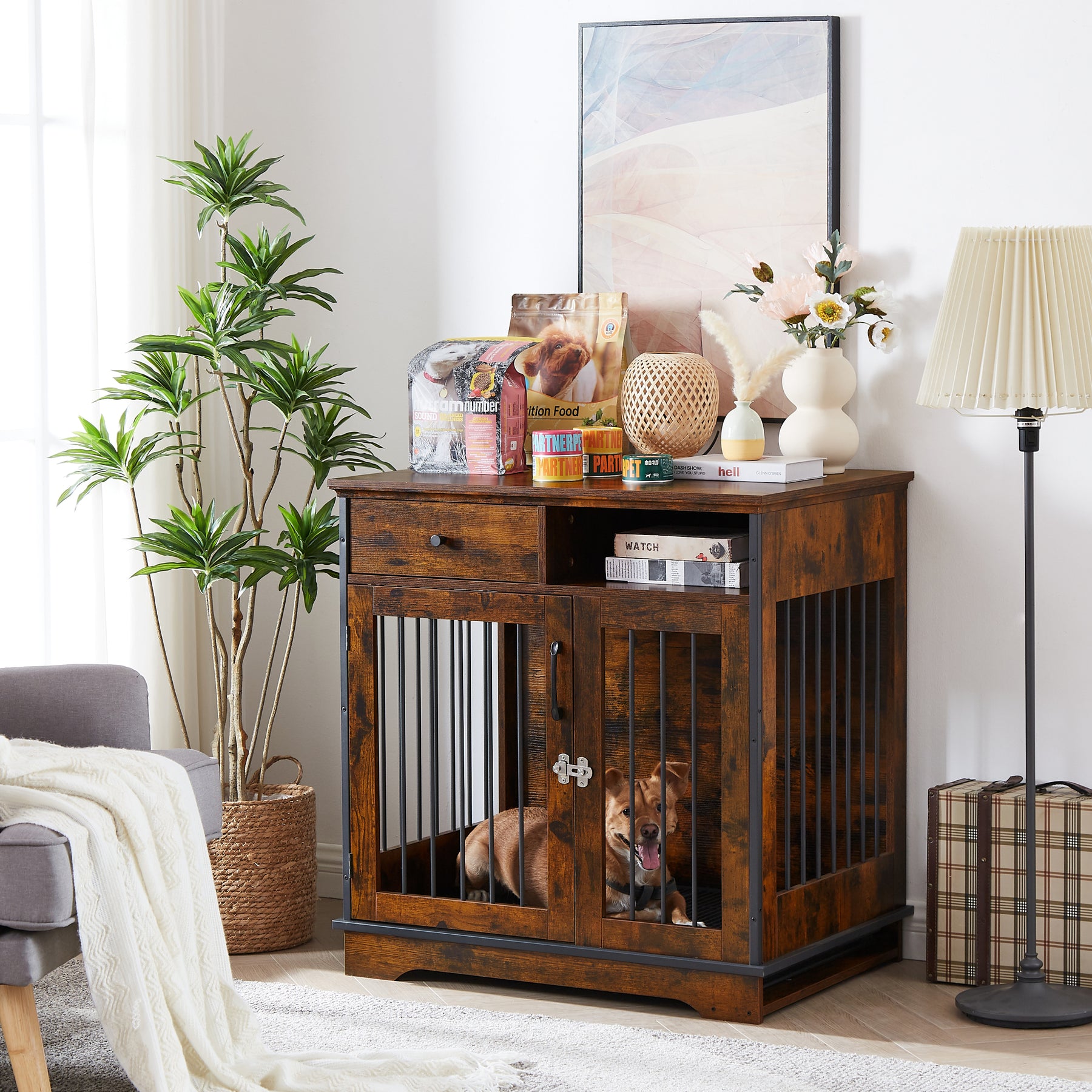 Furniture Dog crate, indoor pet crate end tables, decorative wooden kennels with removable trays