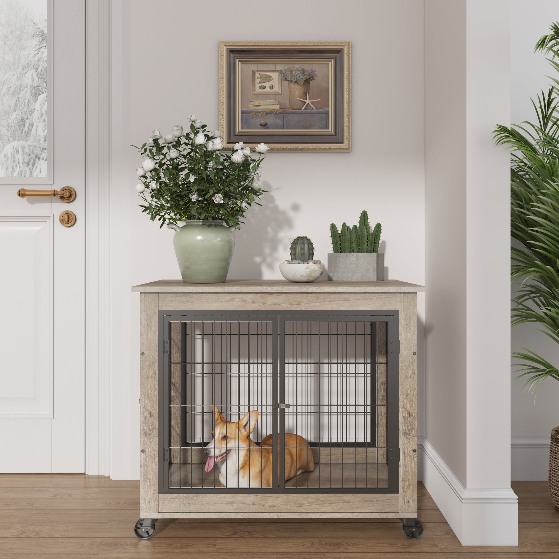 Furniture Style Dog Crate Side Table on Wheels with Double Doors and Lift Top