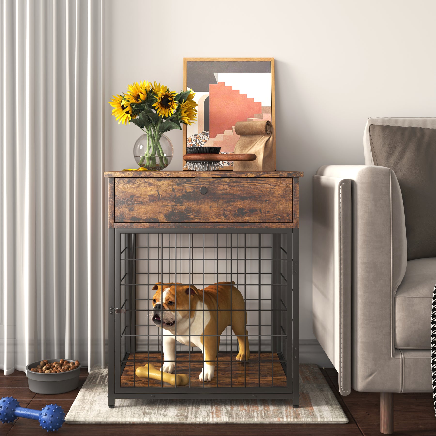 Furniture Style Wood Dog Crate End Table with Storage Console