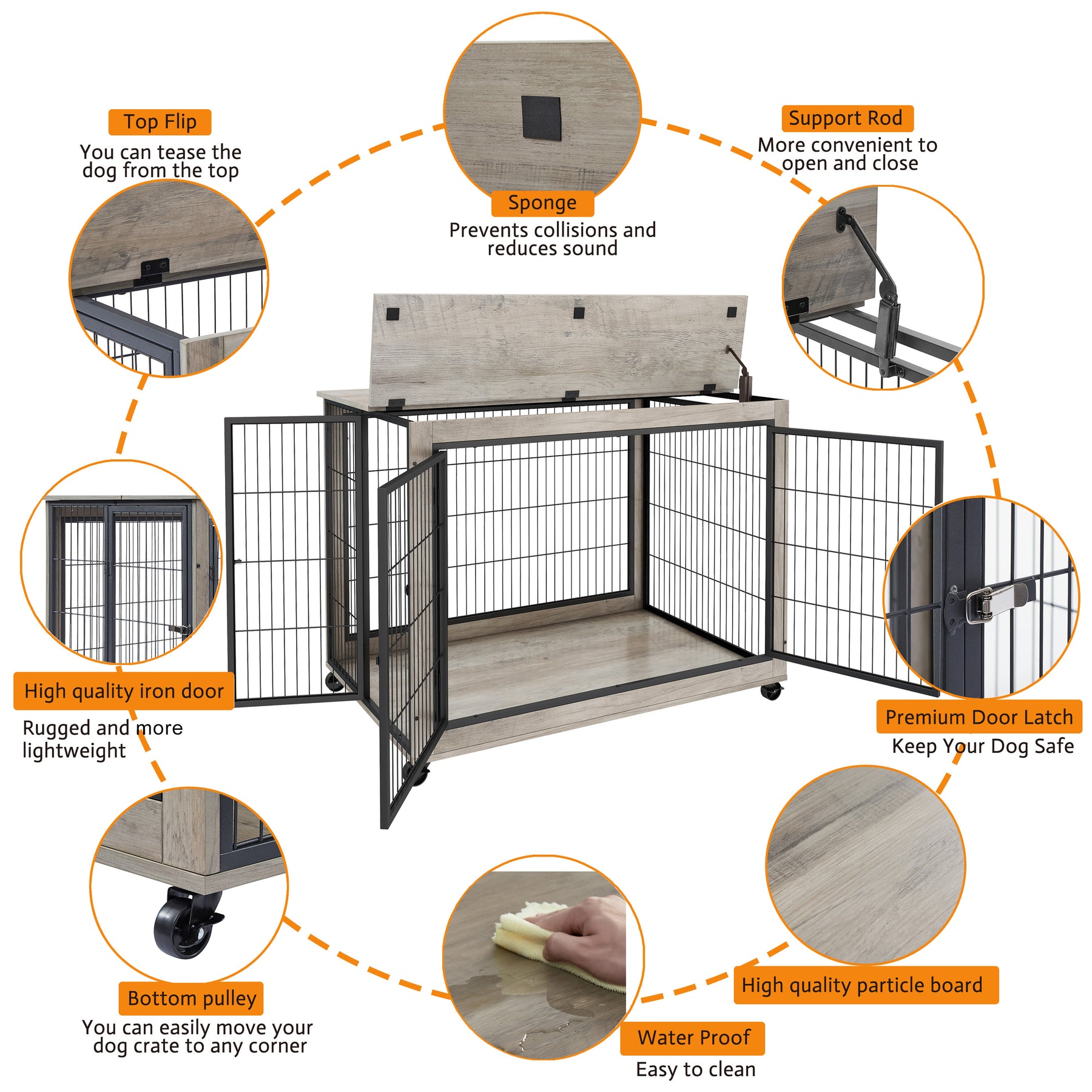 Furniture Style Dog Crate Side Table on Wheels with Double Doors and Lift Top