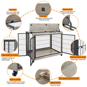 Furniture Style Dog Crate Side Table on Wheels with Double Doors and Lift Top