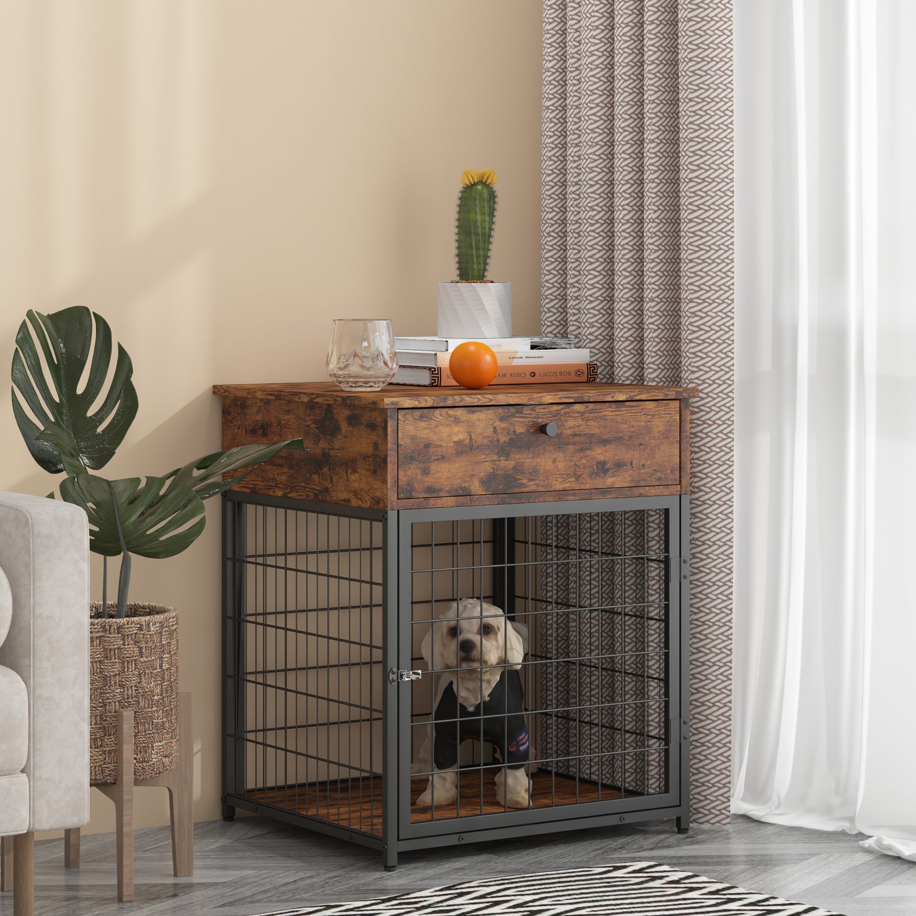 Furniture Style Wood Dog Crate End Table with Storage Console