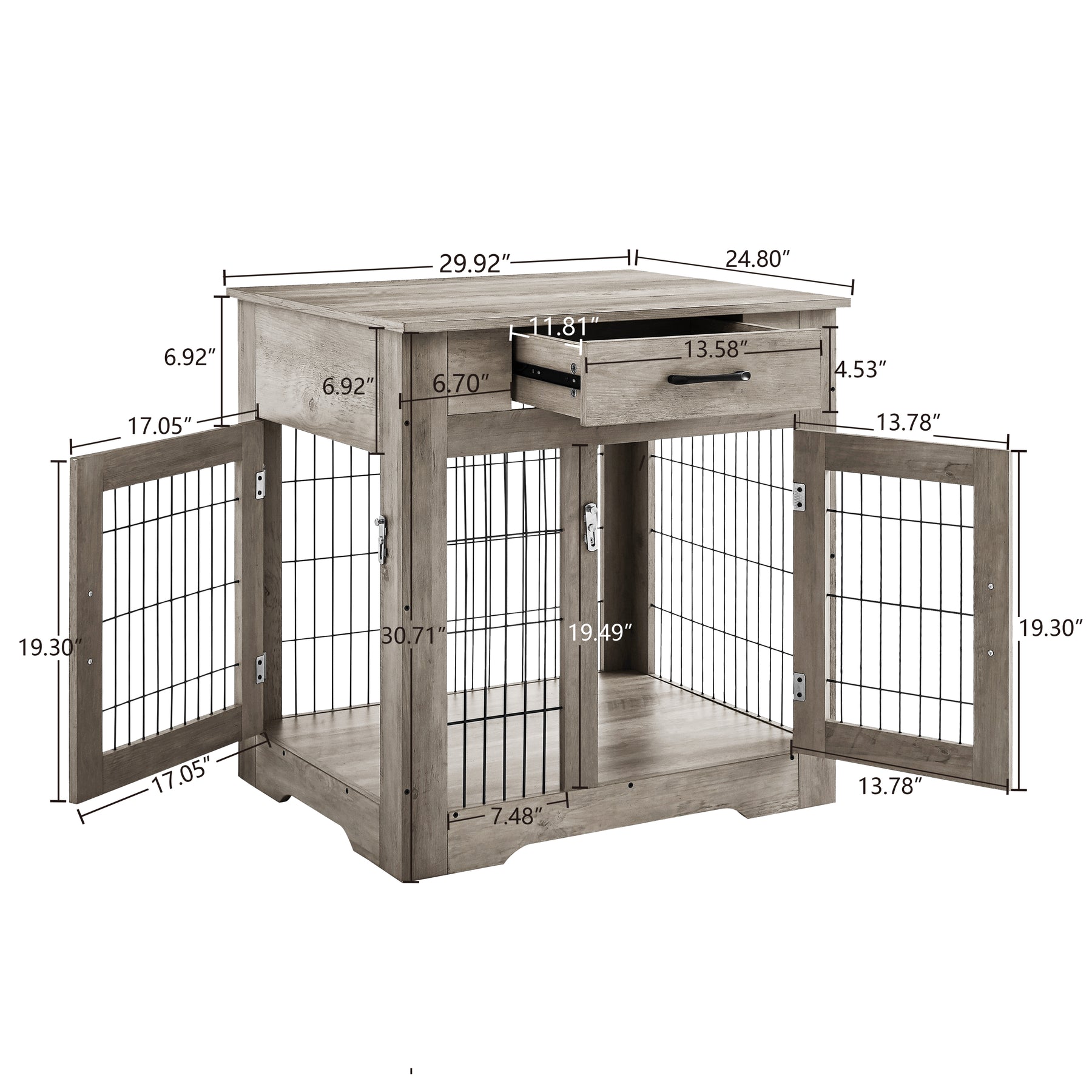 Furniture Style Dog Crate End Table with Drawer, Pet Kennels with Double Doors