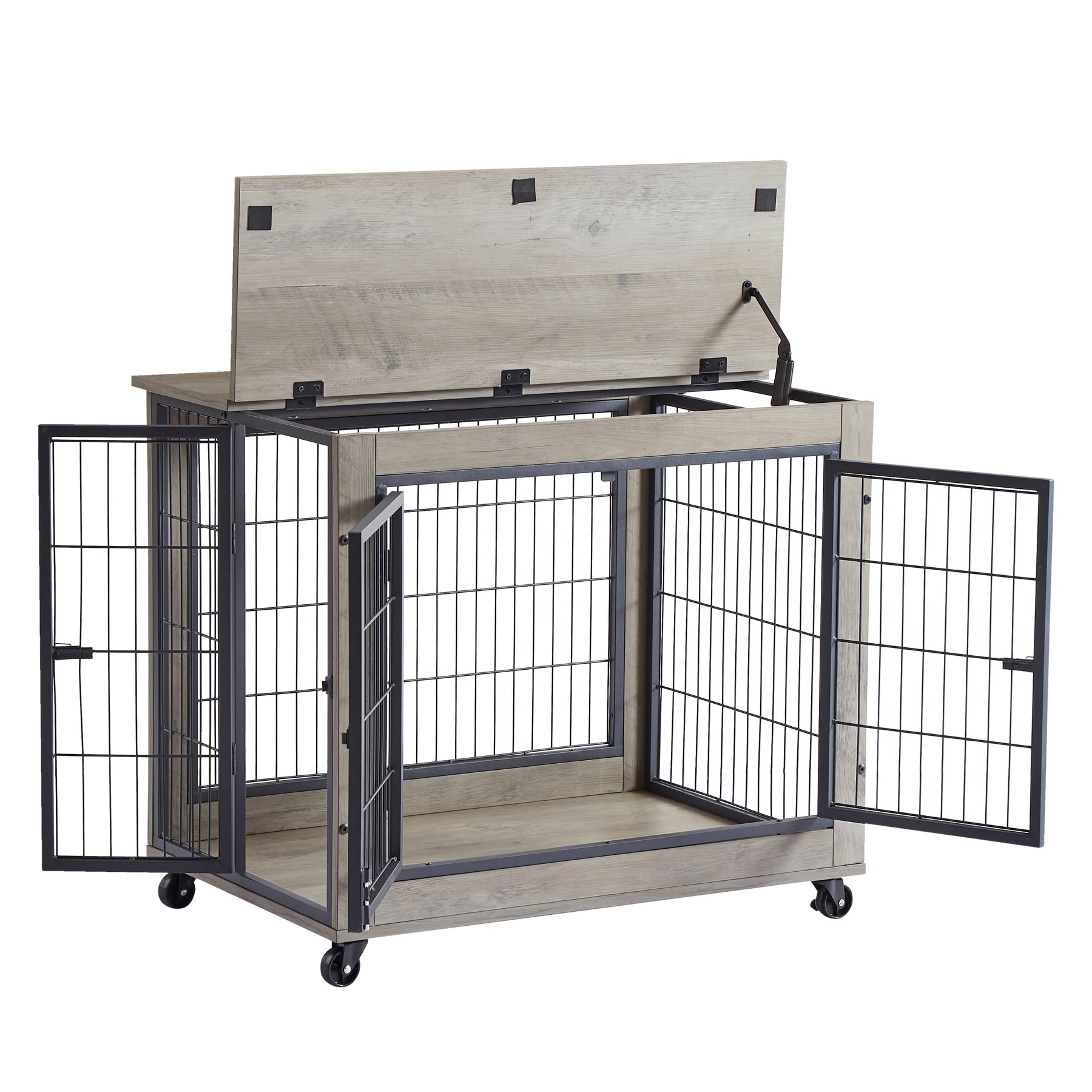 Furniture Style Dog Crate Side Table on Wheels with Double Doors and Lift Top