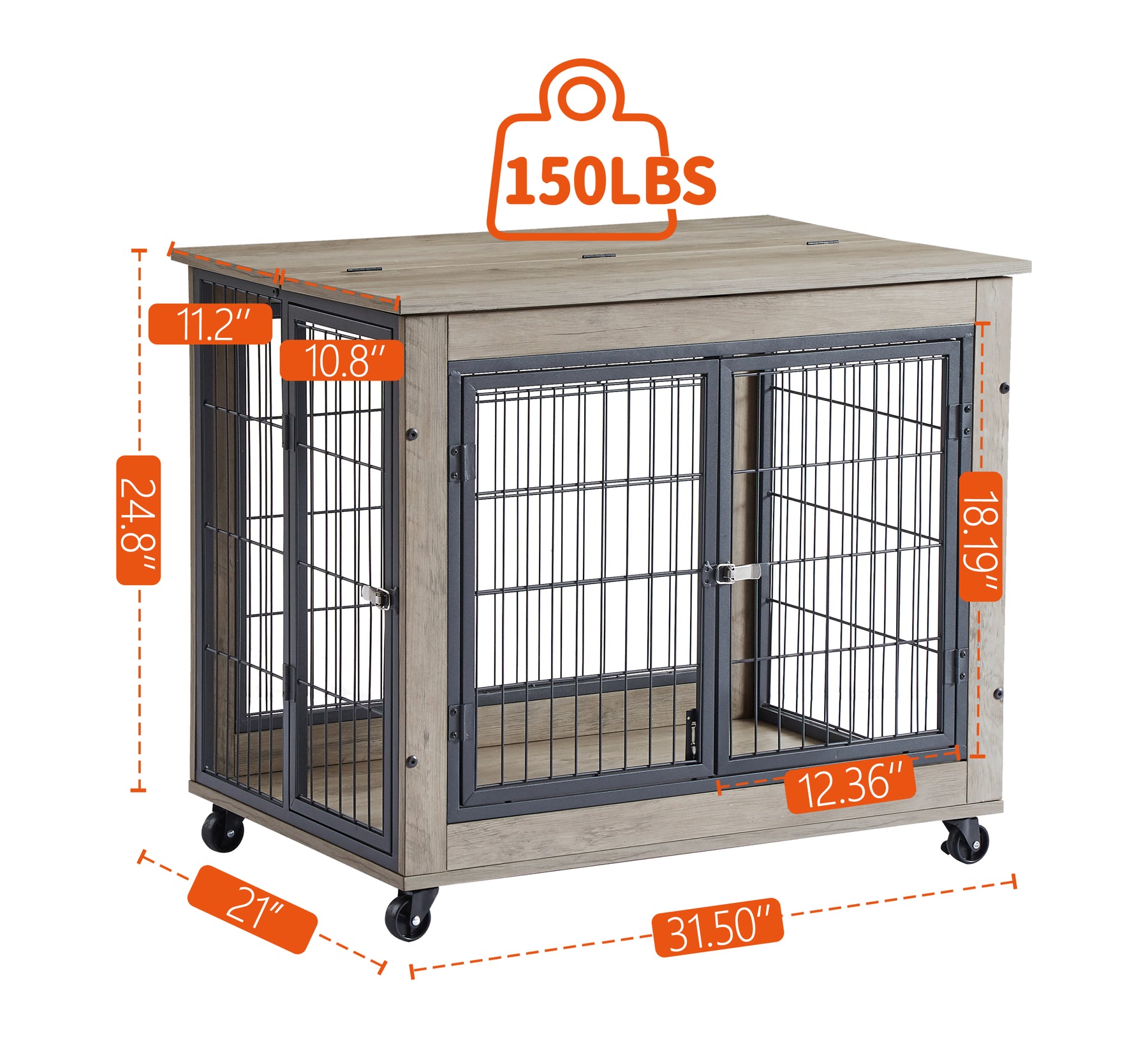 Furniture Style Dog Crate Side Table on Wheels with Double Doors and Lift Top