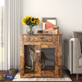 Furniture Style Dog Crate End Table with Drawer, Pet Kennels with Double Doors